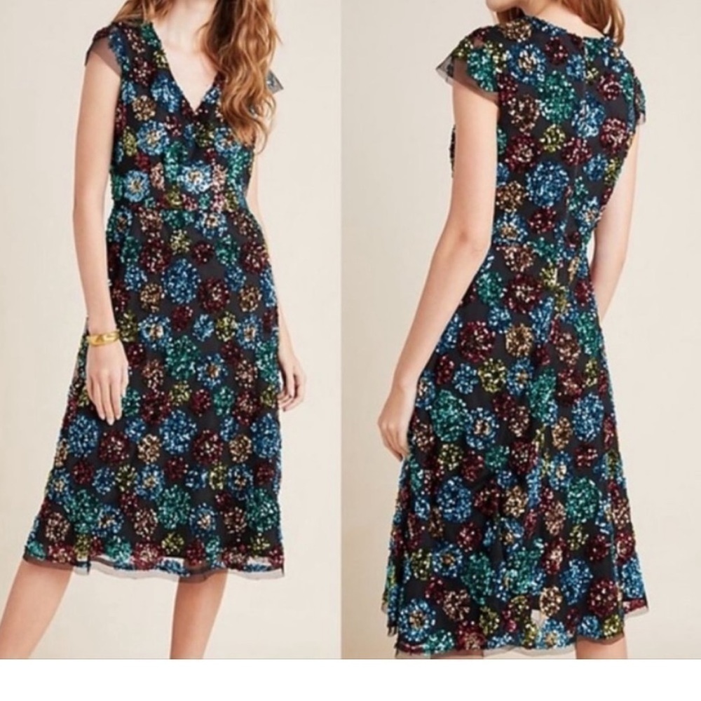 NWT Anthropologie Eva Franco Glenna Sequined Midi V Neck Dress